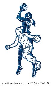 Group of Basketball Female Players Action Cartoon Sport Graphic Vector