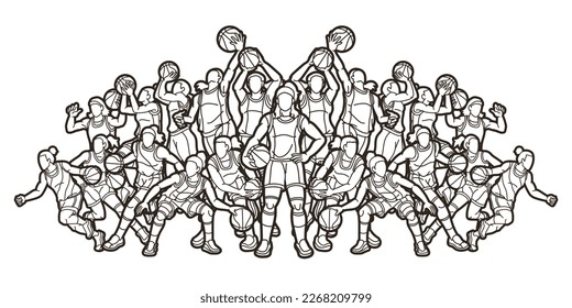Group of Basketball Female Players Action Cartoon Sport Graphic Vector