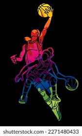 Group of Basketball Female Players Action Cartoon Sport Graphic Vector
