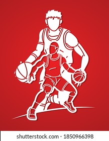 Group of Basketball players action cartoon graphic vector