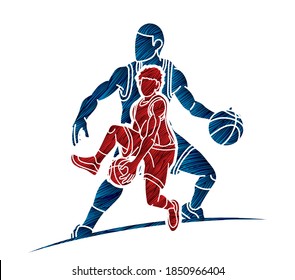 Group of Basketball players action cartoon graphic vector