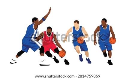 Group of basketball players in action motion dribbling and passing ball in professional game