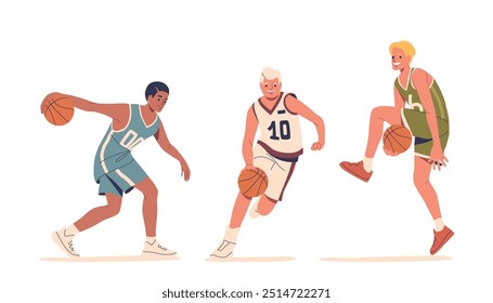 Group Of Basketball Players Captured In Dynamic Poses, Cartoon Vector Image Features Intense Action, With Players