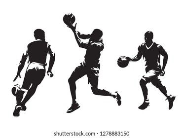 Group of basketball players, set of isolated vector silhouettes. Team sport, active people