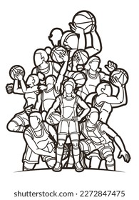 Group of Basketball Women Players Action Cartoon Sport  Team Graphic Vector