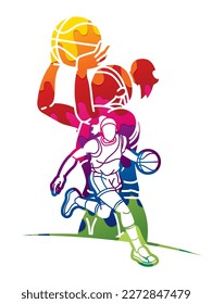 Group of Basketball Women Players Action Cartoon Sport  Team Graphic Vector