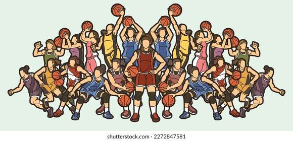 Group of Basketball Women Players Action Cartoon Sport  Team Graphic Vector
