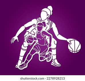 Group of Basketball Women Players Action Cartoon Sport Team Graphic Vector