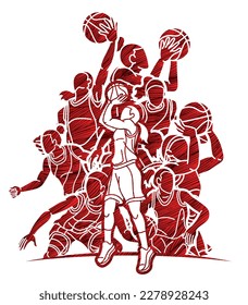 Group of Basketball Women Players Action Cartoon Sport Team Graphic Vector