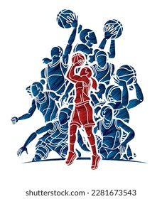 Group of Basketball Women Players Mix Action Cartoon Sport Team Graphic Vector