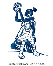 Group of Basketball Women Players Mix Action Cartoon Sport Team Graphic Vector