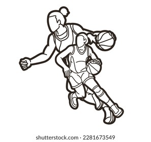 Group of Basketball Women Players Mix Action Cartoon Sport Team Graphic Vector