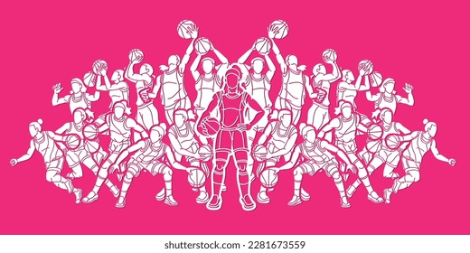Group of Basketball Women Players Mix Action Cartoon Sport Team Graphic Vector