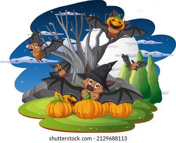 Group of bats cartoon in the forest at night illustration