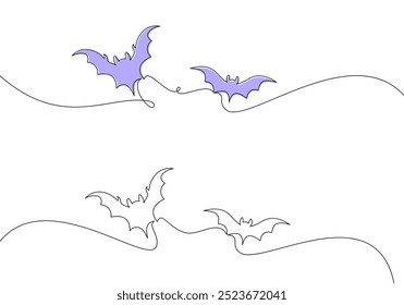 Un grupo de murciélagos volando en estilo minimalista de arte de línea, con dos resaltados en púrpura. Ilustración vectorial para Halloween o diseños artísticos.