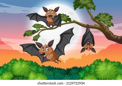 Group of bats in the forest at daytime illustration