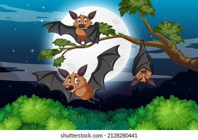 Group of bats in the forest at night illustration