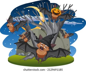 Group of bats in forest at night illustration