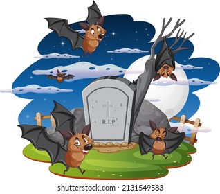Group of bats in forest at night illustration