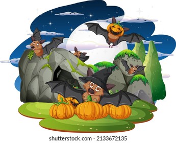 Group of bats in the forest at night illustration