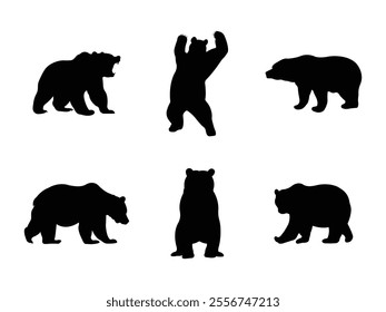 Group of Bear Standing Silhouette isolated white background. Vector Illustration