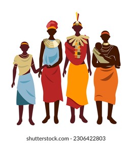 Group of beautiful aboriginal or indigenous women of Africa dressed in ethnic clothes isolated on white background. Mothers and children - members of African tribes. Flat vector illustration