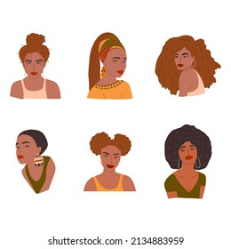 Group of beautiful African girl. Long curly flowing hair, ponytails, round earrings and headband. Colorful vector isolated illustration hand drawn. African American young women