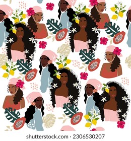 A group of beautiful black women and tropical leaves seamless pattern. Modern flat lay style. Design  for banner, poster, flyer, t-shirt print