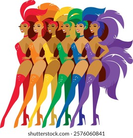 Group of beautiful burlesque dancers in a colorful carnival feather costumes. Flat vector illustration
