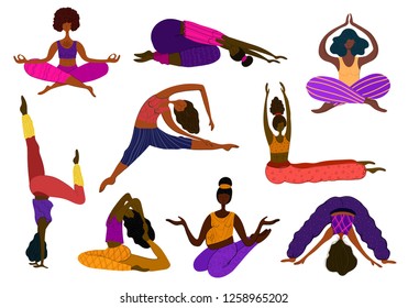 Group of beautiful dark skinned African American girls or women do yoga, practice asanas and pranoyama, yoga class, set of isolated vector images of people on a white background. Flat plus hand drawn 