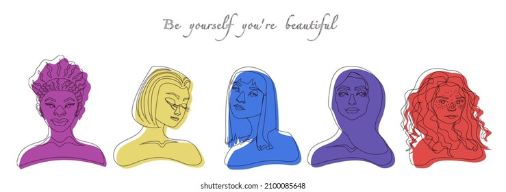 A group of beautiful female portraits of different nationalities. Color spot