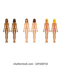 group of beautiful girls in bikini with different color of skin - vector illustration