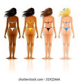 group of beautiful girls in bikini with different color of skin - vector illustration