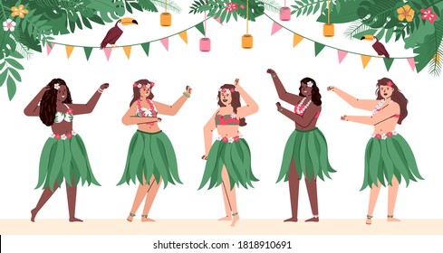 Group of beautiful happy hawaiian girls in traditional costumes dance hulu. Polynesian dancers in grass skirts and with flowers in hair. Flat cartoon vector illustration.