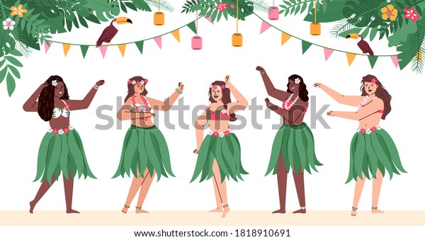 Group of beautiful\
happy hawaiian girls in traditional costumes dance hulu. Polynesian\
dancers in grass skirts and with flowers in hair. Flat cartoon\
vector illustration.
