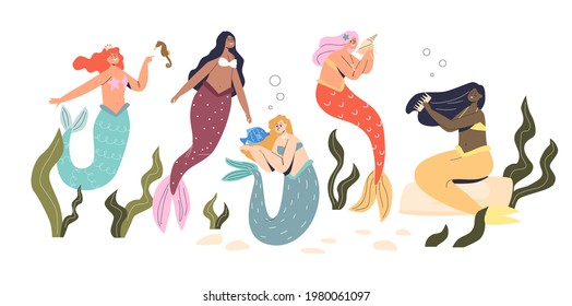 Group of beautiful mermaids, mystery underwater princesses with colorful long hair and fish tail. Fairy sea water nymph, folklore characters. Cartoon flat vector illustration