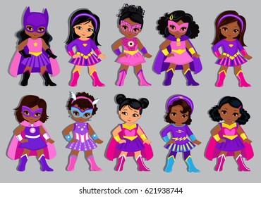 Group of beautiful multicultural girls dressed in suits of superheroes.