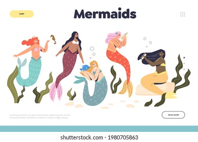 Group of beautiful sirens or mermaids. Sea creatures concept of landing page with underwater princesses have colorful long hair and fish tail. Fairy sea water nymph. Cartoon flat vector illustration