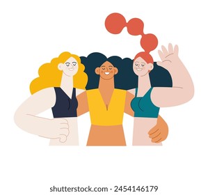 Group of beautiful smiling  women embracing each other. Different skin tone females in sport clothes standing opposite each other holding arm on their waist, waving hello. Vector flat illustration.