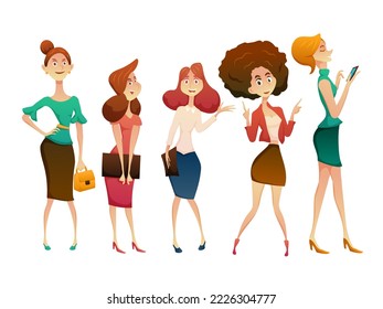 Group of beautiful woman with different positive posture  in cartoon character, vector illustration on white background