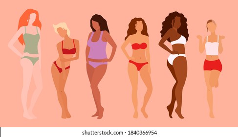 Group of beautiful women. Body positivity. Feminism, diversity, race equality vector illustration.