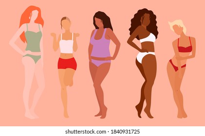 Group of beautiful women. Body positivity. Feminism, diversity, race equality vector illustration.