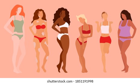 Group of beautiful women. Body positivity. Feminism, diversity, race equality vector illustration.