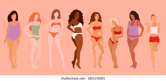 Group of beautiful women. Body positivity. Feminism, diversity, race equality vector illustration.