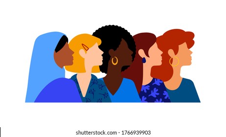 Group of beautiful women with different beauty, hair and skin color. The concept of women, femininity, diversity, independence and equality. 