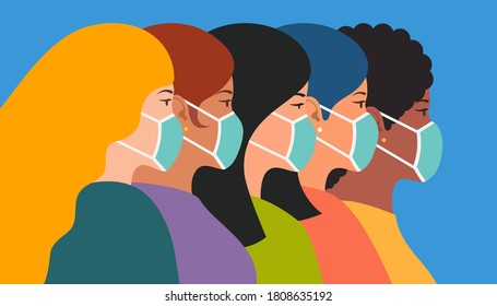 Group of beautiful women with different hair and skin color wearing medical facemask. Vector illustration