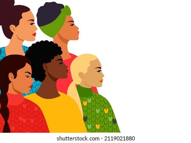 A group of beautiful women with different hair, hairstyles and skin color. Multi-ethnic women and girls. Female beauty, diversity, independence and equality. African-Americans and Slavs. Vector 