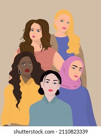 A group of beautiful women with different nationalities. Concept of woman, femininity, diversity, independence and equality. Vector illustration.