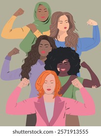 A group of beautiful women with different nationalities. Concept of woman, femininity, diversity, independence and equality. Women's History month. 
