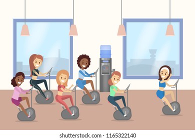 Group of beautiful women in sportswear training on treadmill in the gym. Fitness trainer helping people. Flat vector illustration